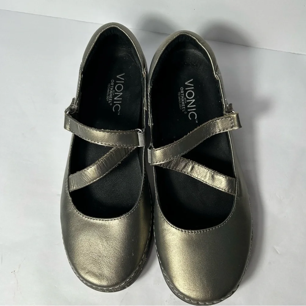 Vionic Orthaheel Judith Shoes Womens 7.5US Gray Silver Mary‎ Jane Flats Strappy